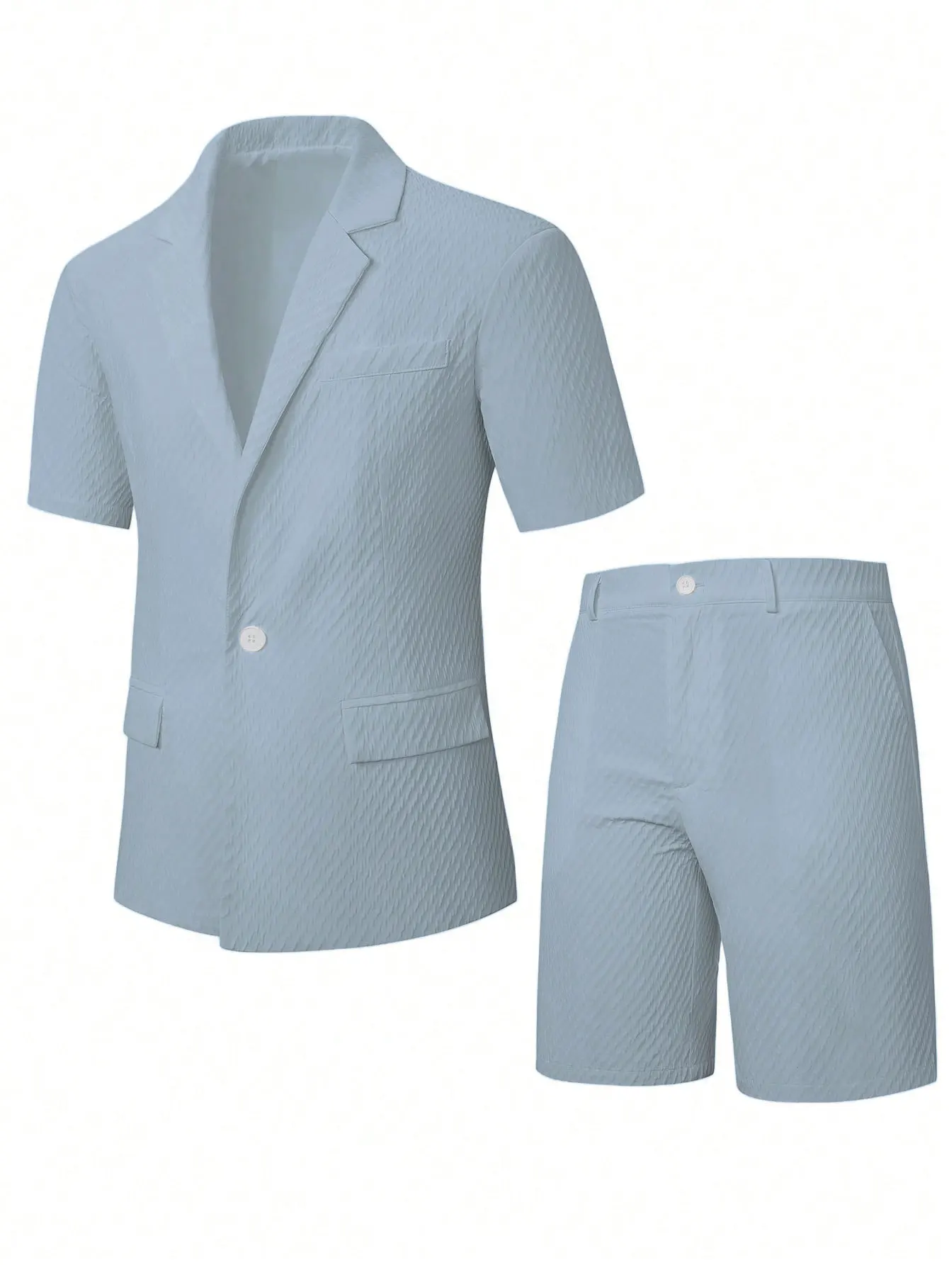 Herren Leichter Strukturierter Zweiteiler mit Reverskragen, Kurzarm-Einreiher-Blazer und Passenden Shorts für Sommerlichen Smart-Casual-Look – Detail 25