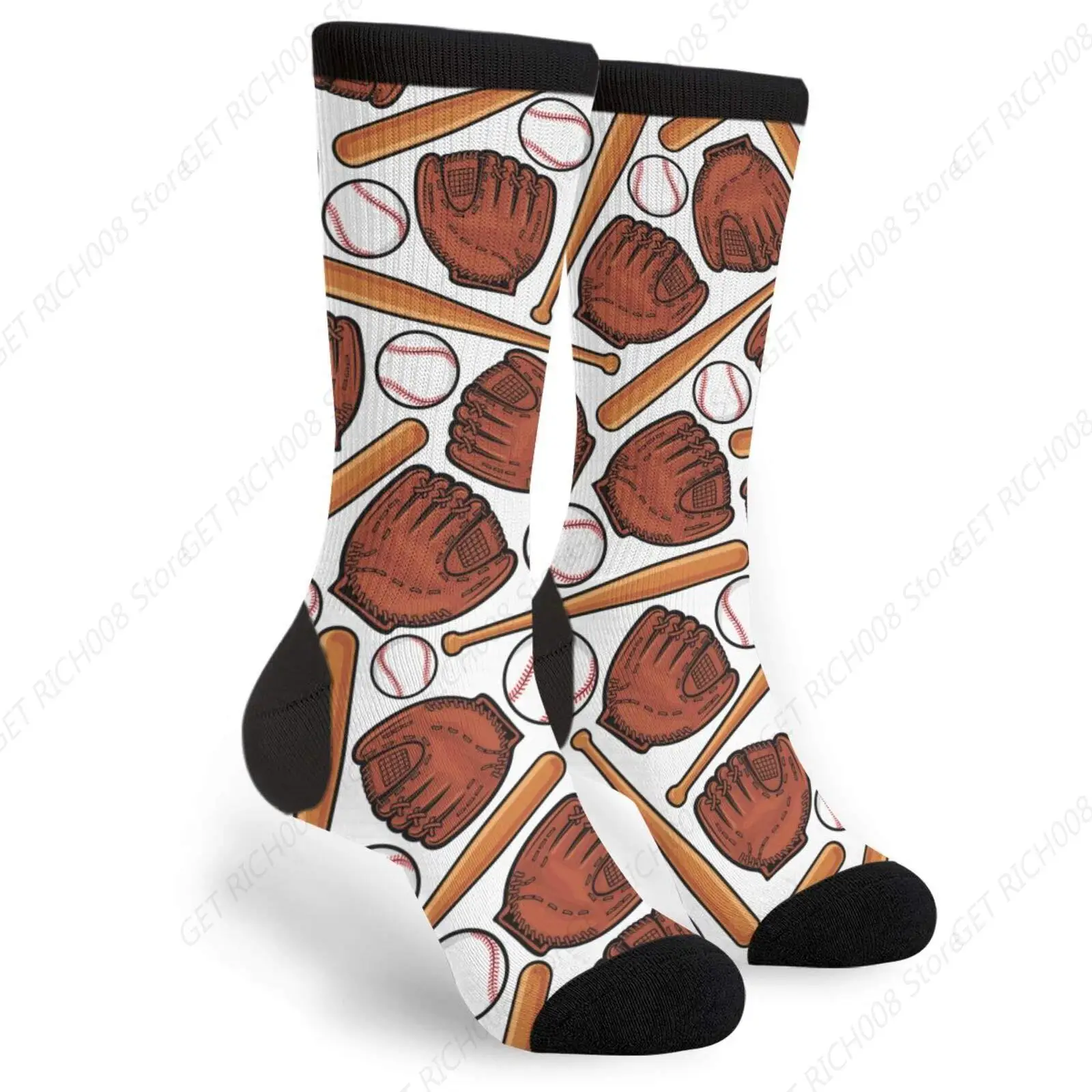 Baseball Glove Ball And Bat Crew Socks Mid Calf Dress Socks Casual Long Tube Socks For Men Women Boy Girl