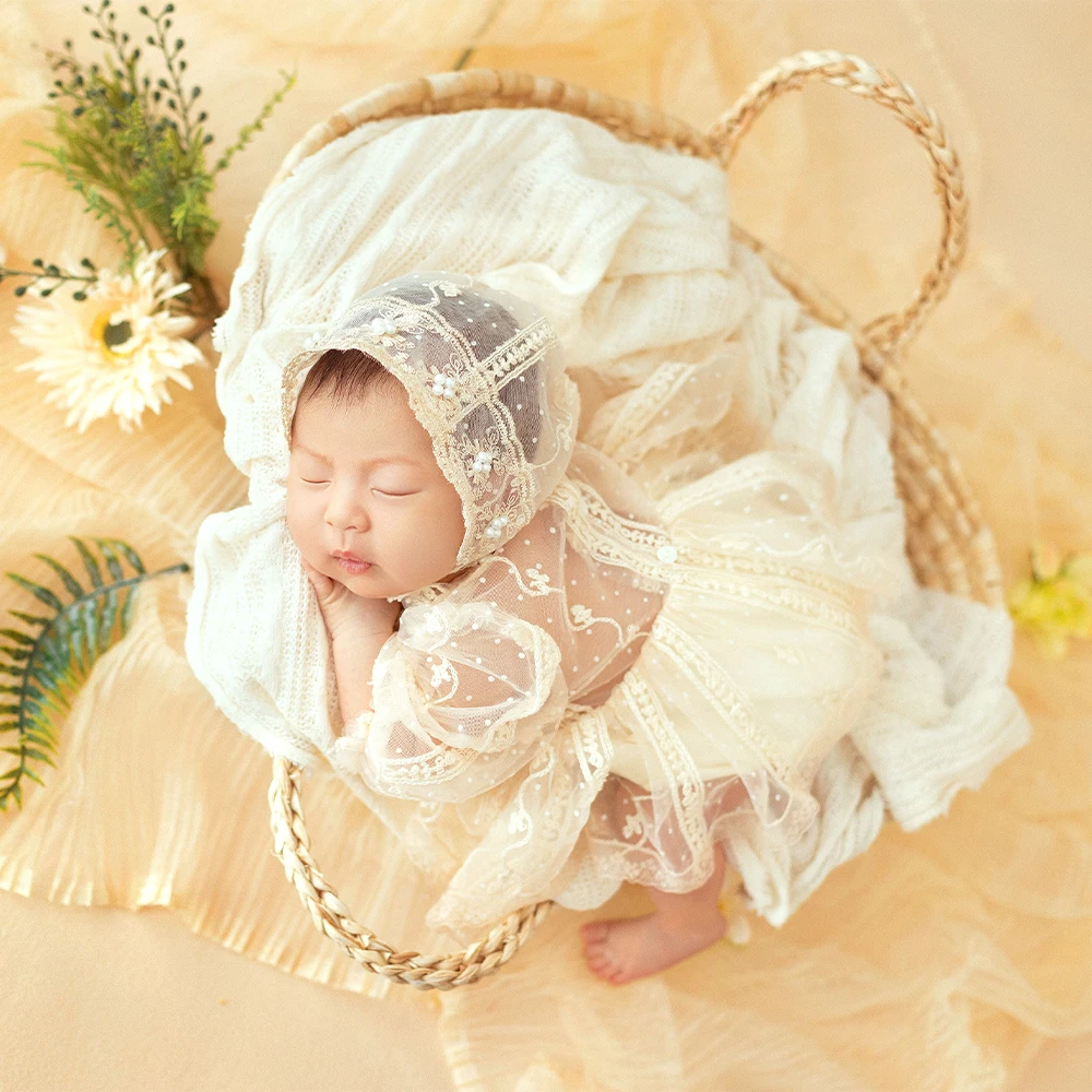 

Newborn Photography Dresses Lace Hat Set Baby Girl Costume Wrinkled Tulle Blanket Artificial Flower Decor Props Studio Accessory