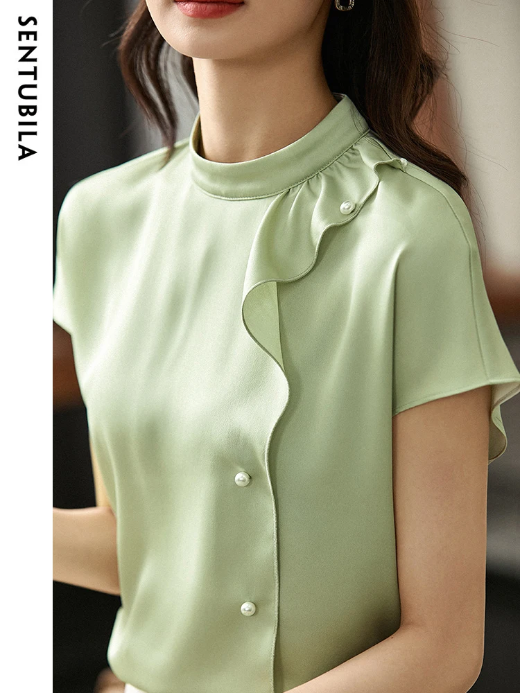 SENTUBILA Elegant Chiffon Tops Blouse for Women 2024 Summer Fashion Office Lady Stand Collar Ruffles Shirts & Blouses 122V42220