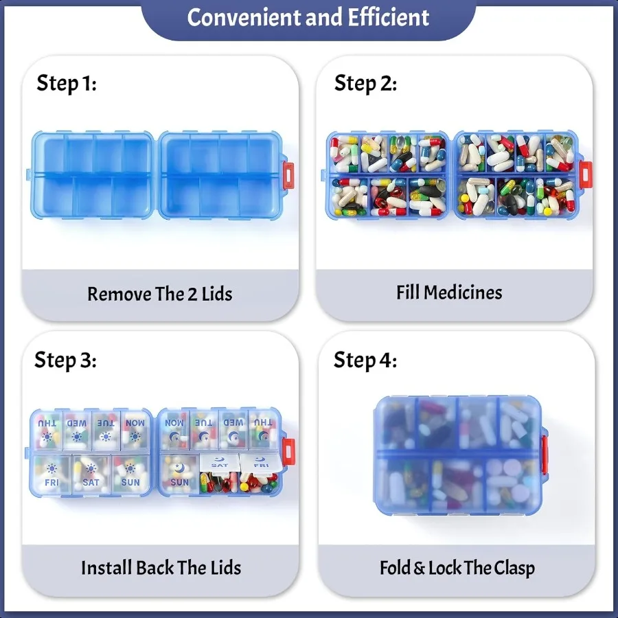 New Foldable Double Protection Portable Weekly Pill Organizer 2 Times A Day with Etched Labels AM PM 7 Day Week Medicine Box Da
