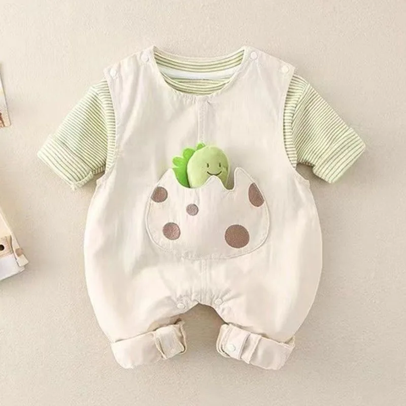 

2025 Autumn Children's Striped Round-Neck Overalls Top Infant Baby Boys Cartoon Pattern Two-Piece Set Newborn Boys Bodysuits