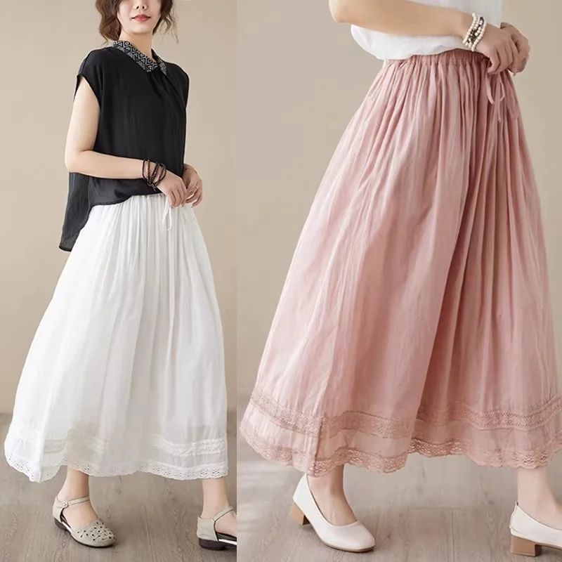 

Художественная длинная юбка с кружевными вставками и свободным подолом, универсальная, с эластичной талией, из рами, летняя, однотонная, женская J100