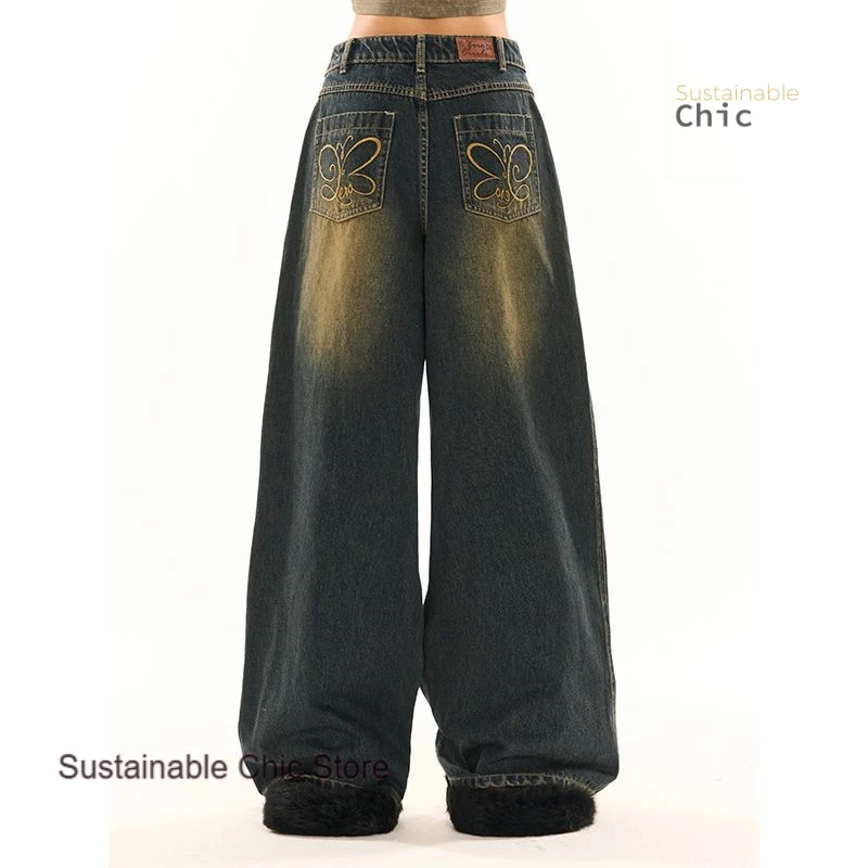 American retro high waist wide leg jeans women's summer fashion new rivet fashion design loose high street straight long pants.