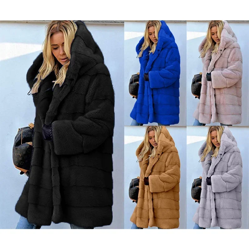 Hot sale mid-length solid color loose plush hooded coat imitation fur autumn and winter warm coat