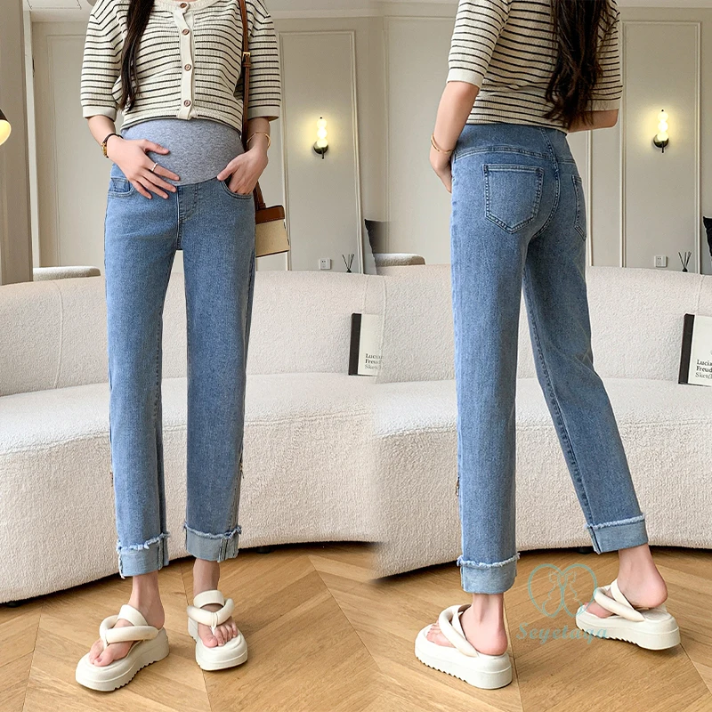 

Tassel Leg Zipper Stretch Denim Maternity Jeans 2024 Spring Summer Belly Pants Clothes for Pregnant Women Pregnancy Straight