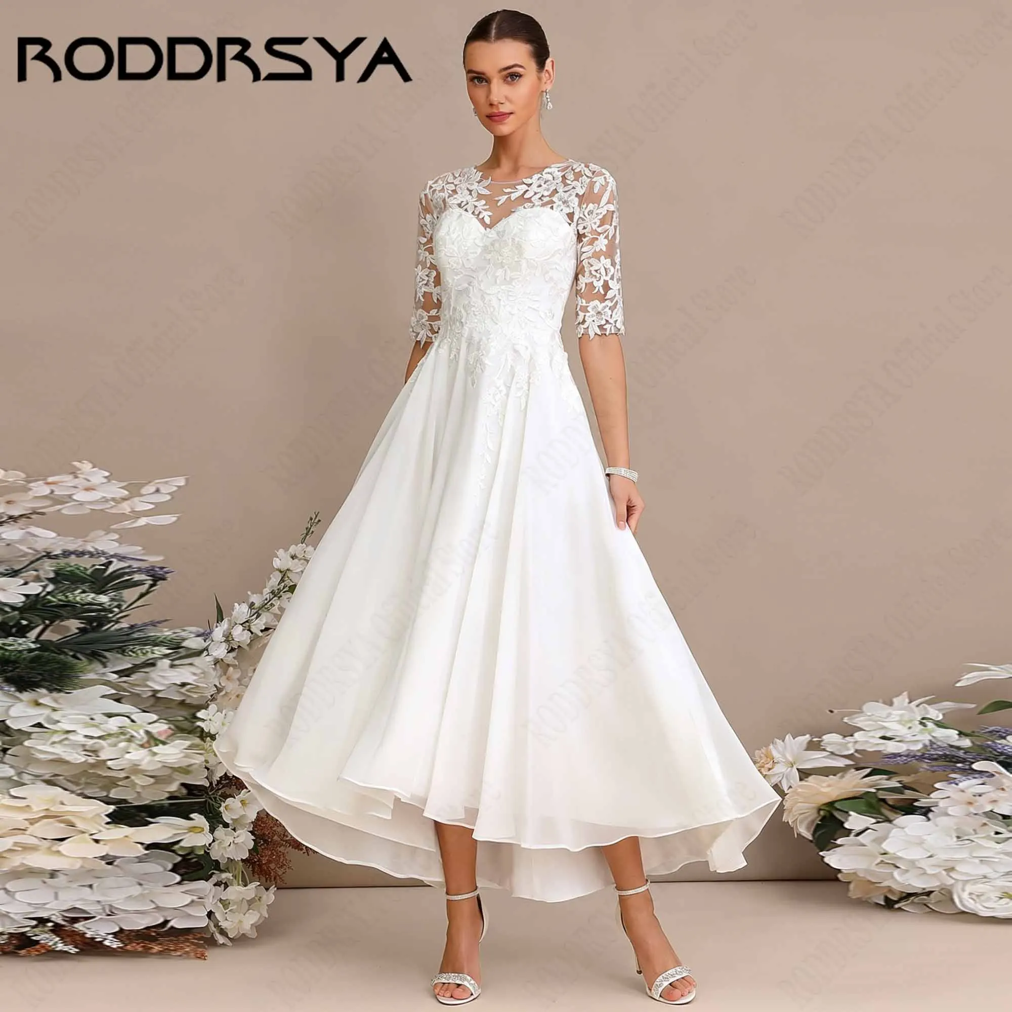 

RODDRSYA O-neck Appliques Chiffon Wedding Dress A-line Half Sleeves Bride Gowns for Beach Wedding vestidos de novia Customized