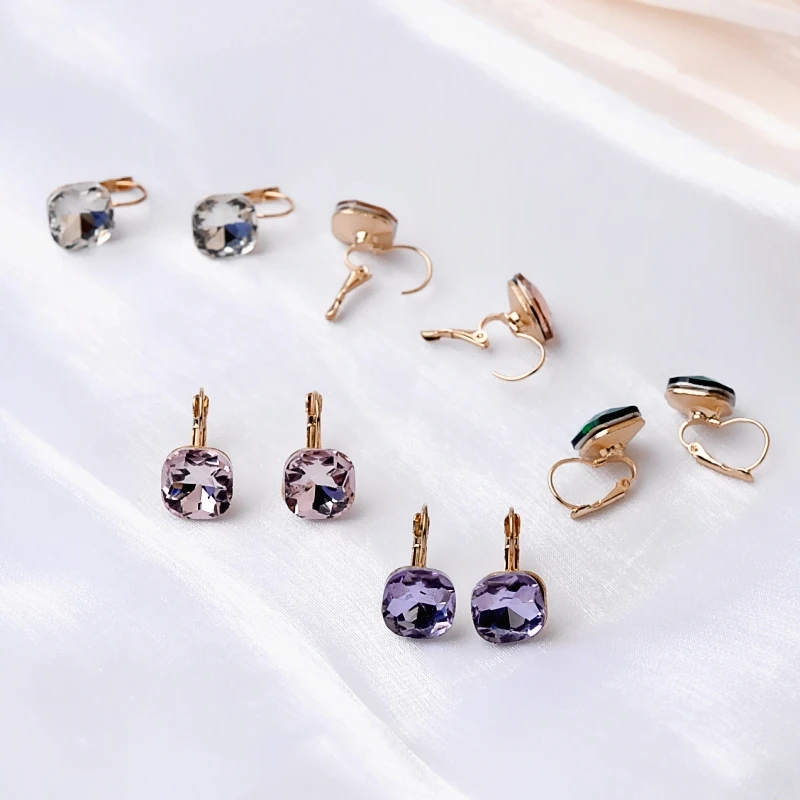 Blue Crystal Square Dangle Earrings for Women Shiny Small Geometric Statement Korean Fashion Girls Ear Jewelry Birthday Gift