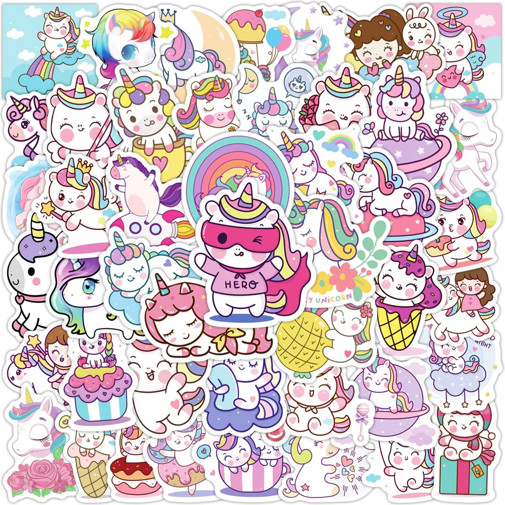 50 Stück niedliche Cartoon-Einhorn-Aufkleber für Laptop, Gepäck, Telefon, Auto, Roller, lustiger Vinyl-Aufkleber für Kinder, Mädchen, Kinder, Geschenk