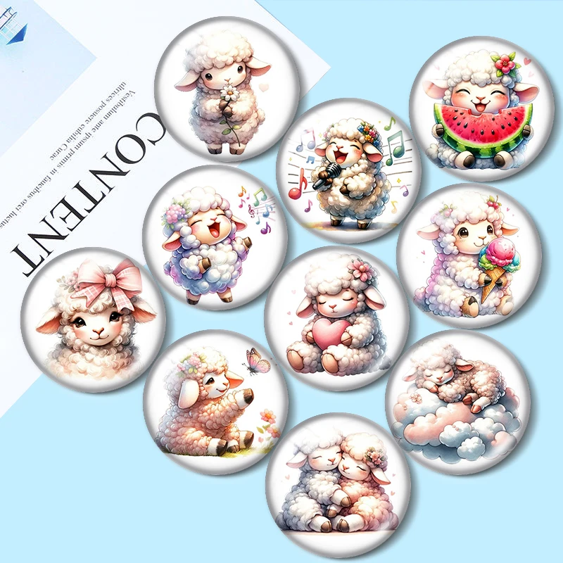 Watercolor Cute Sheep 10pcs Mix18mm/20mm/25mm Round Photo Glass Cabochon Demo Flat Back Making Findings