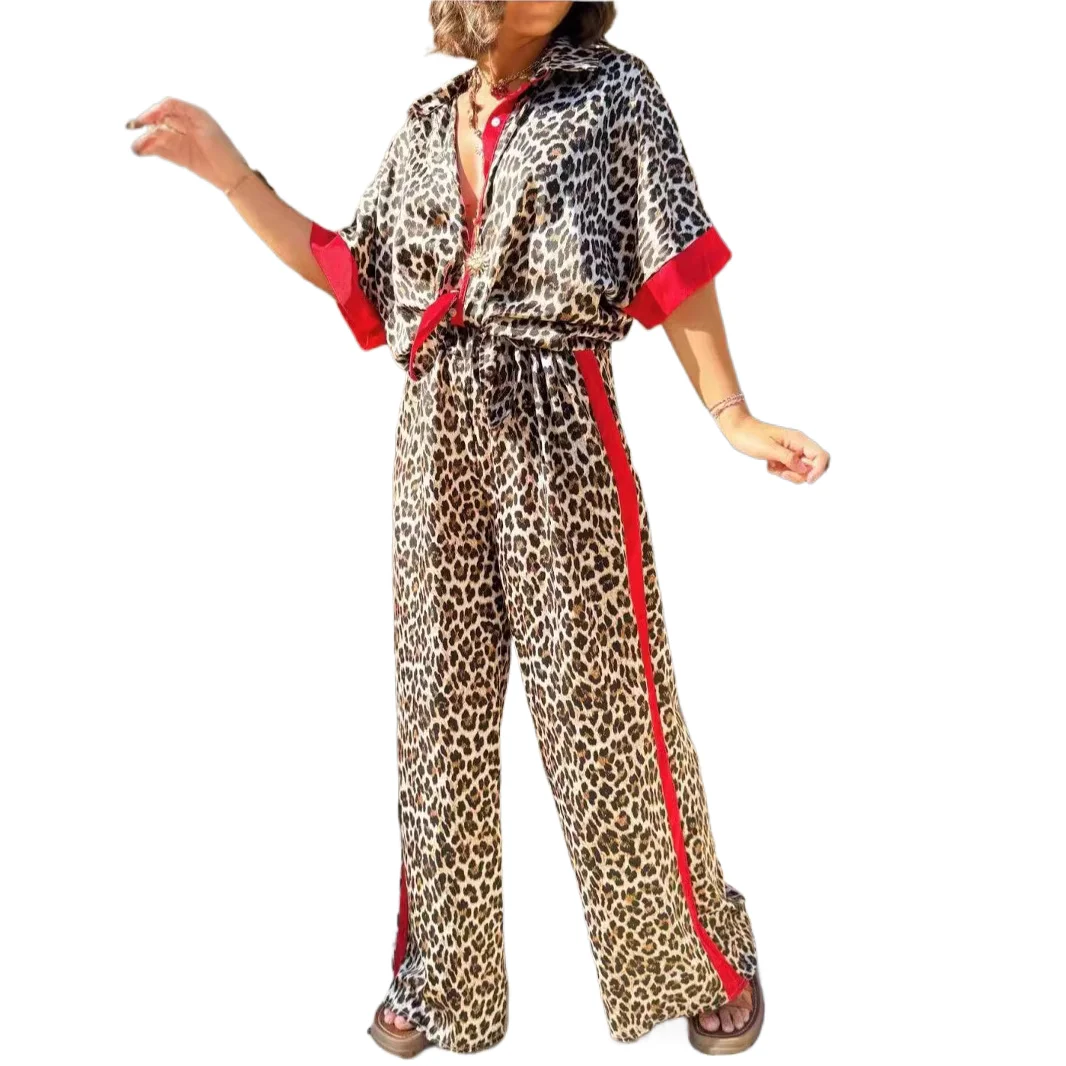 

Casual Leopard Print Suit For Women Spring Fashion Contrasting Patchwork Half Sleeved Shirt Elastic Waist Trousers 2 Piece Set