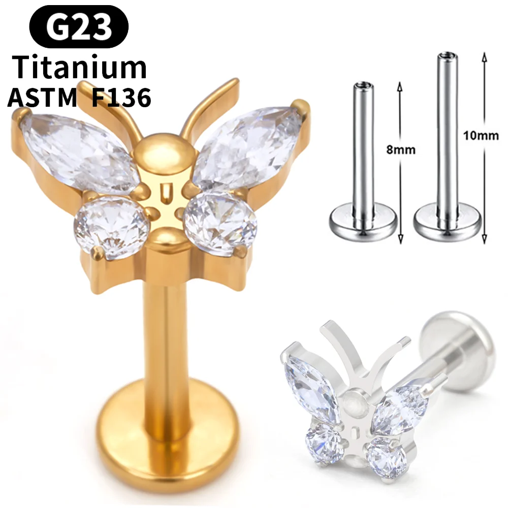 

New G23 Titanium CZ Butterfly Insect Stud Earring Labret Monroe Cartilage Helix Tragus Conch Flat back Piercing Body Jewelry