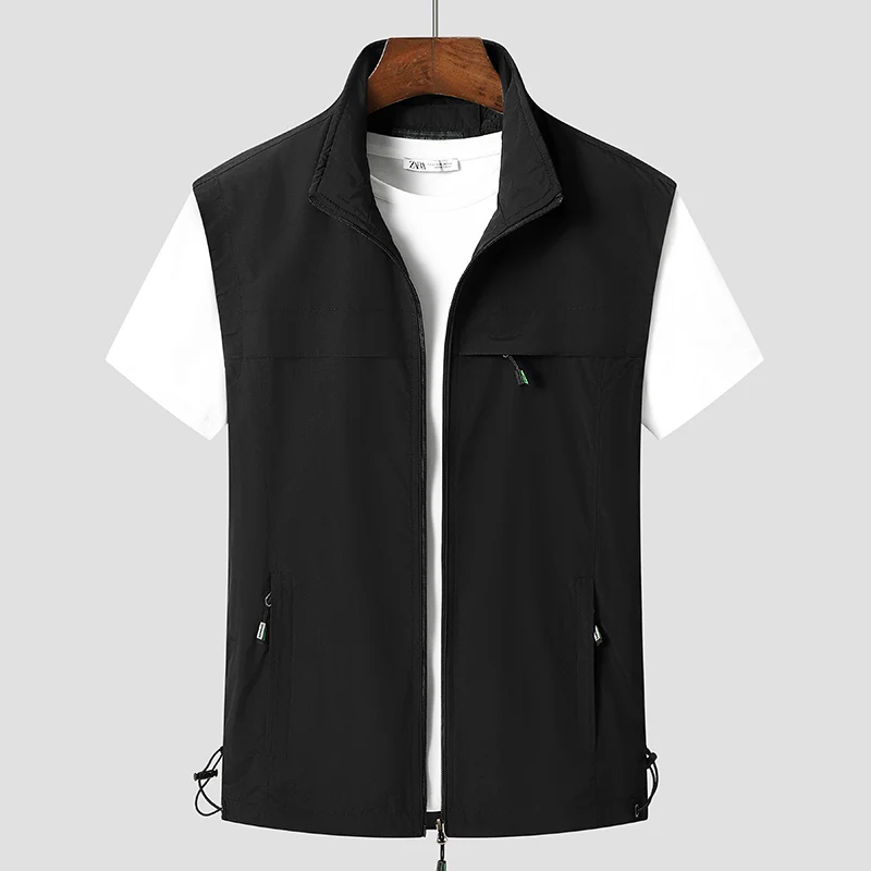 2024 New Minimalist Trendy Men\'s Summer Solid Color Lapel Shoulder Outdoor Leisure Loose Pocket Work Vest Sleeveless Jacket