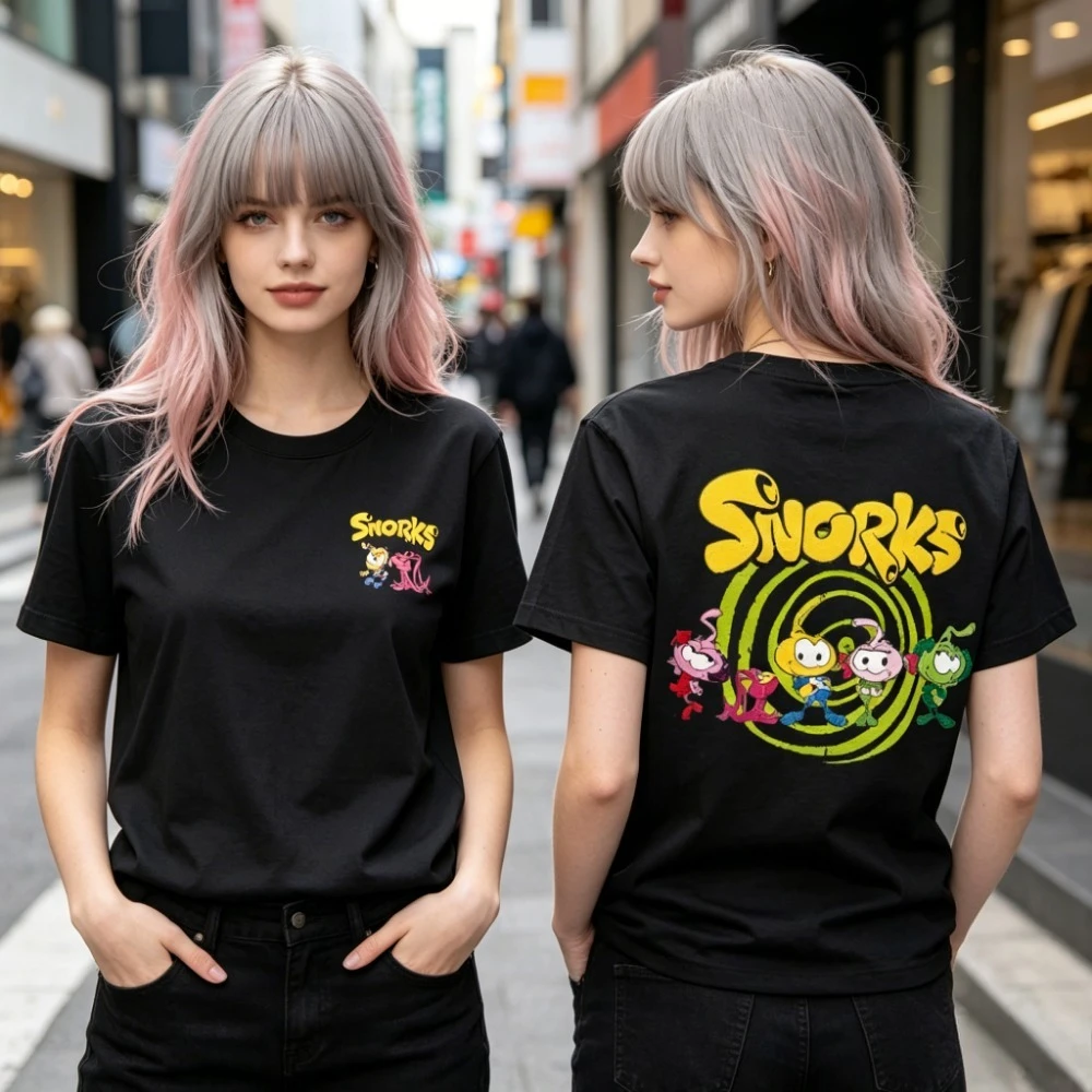 

Snorks Underwater Characters Double Sided Tee, Men Women Unisex Chest Back Print Cotton Short Sleeve Retro Animation Tops