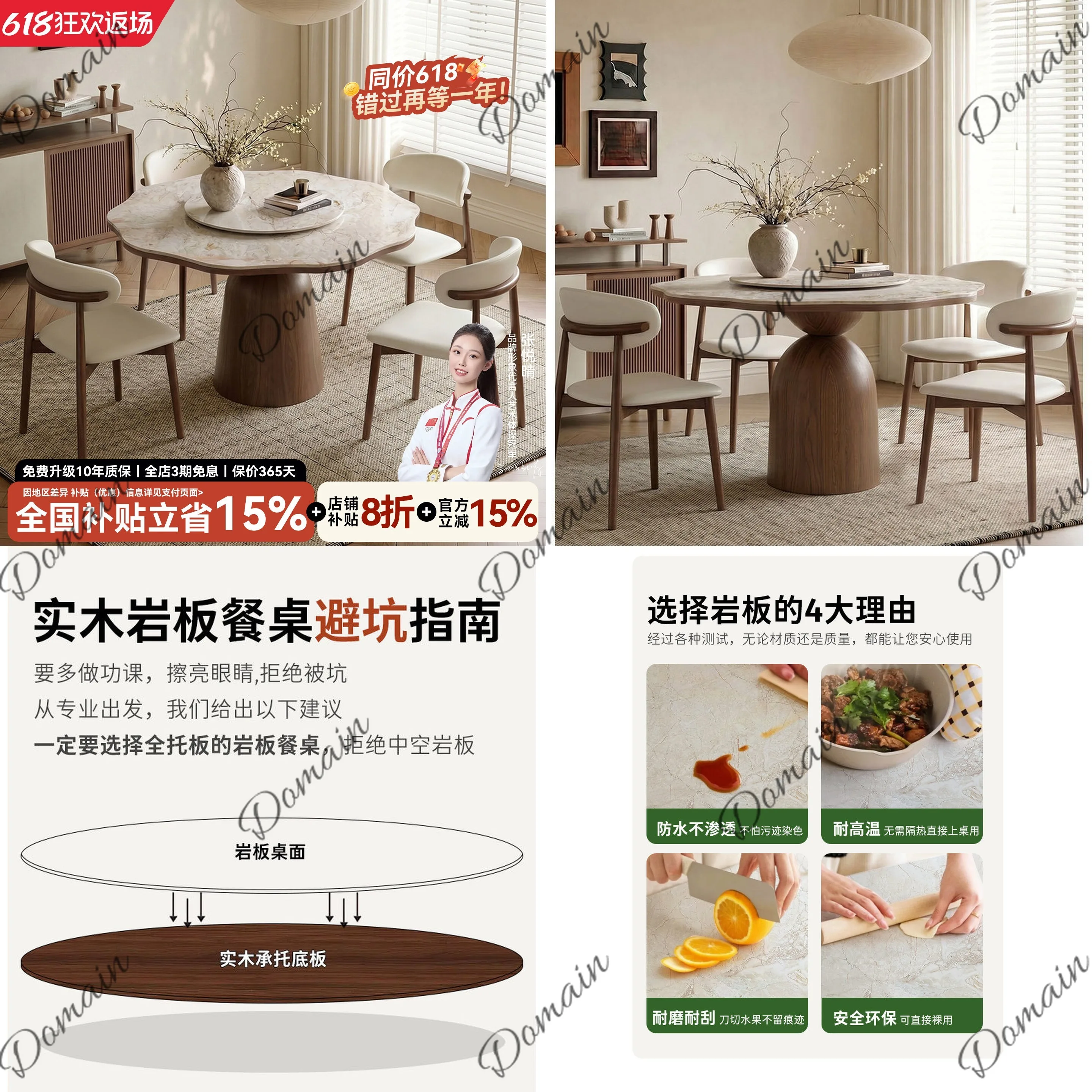 Monet Garden Style Round Marble Dining Table with Lazy Susan, Scratch & Heat Resistant Walnut Color Tabletop for Home Kitchen