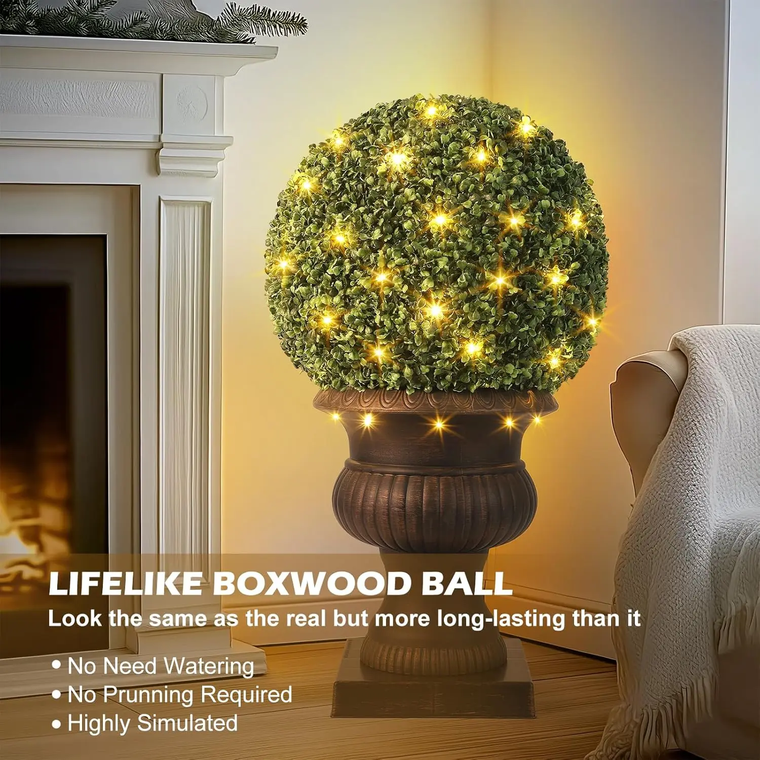 20” Artificial Plant Topiary Ball, Pre-Lit Artificial Topiary Plant with 50 Lights, Timer and Remote Control,Porch Trees