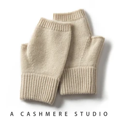 2025 Winter Women 100% Cashmere Mitts 15cm Knitted Fingerless Gloves Y2k Thermal Gloves Semi Finger Lengthen Mittens Arm Warmers