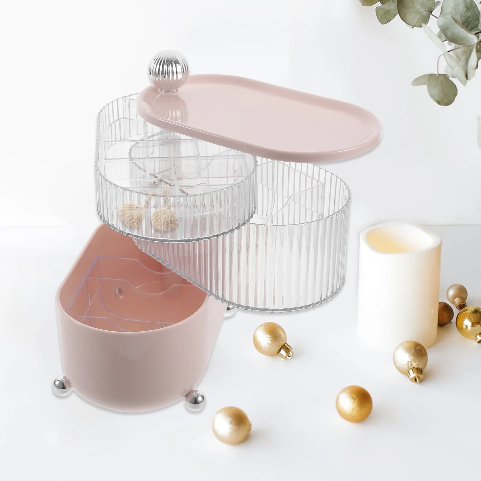 

Pink 3 layer ganizer Transparent Desktop Storage Box for Makeup Jewelry Small Items Bedroom Office Bathroom Container