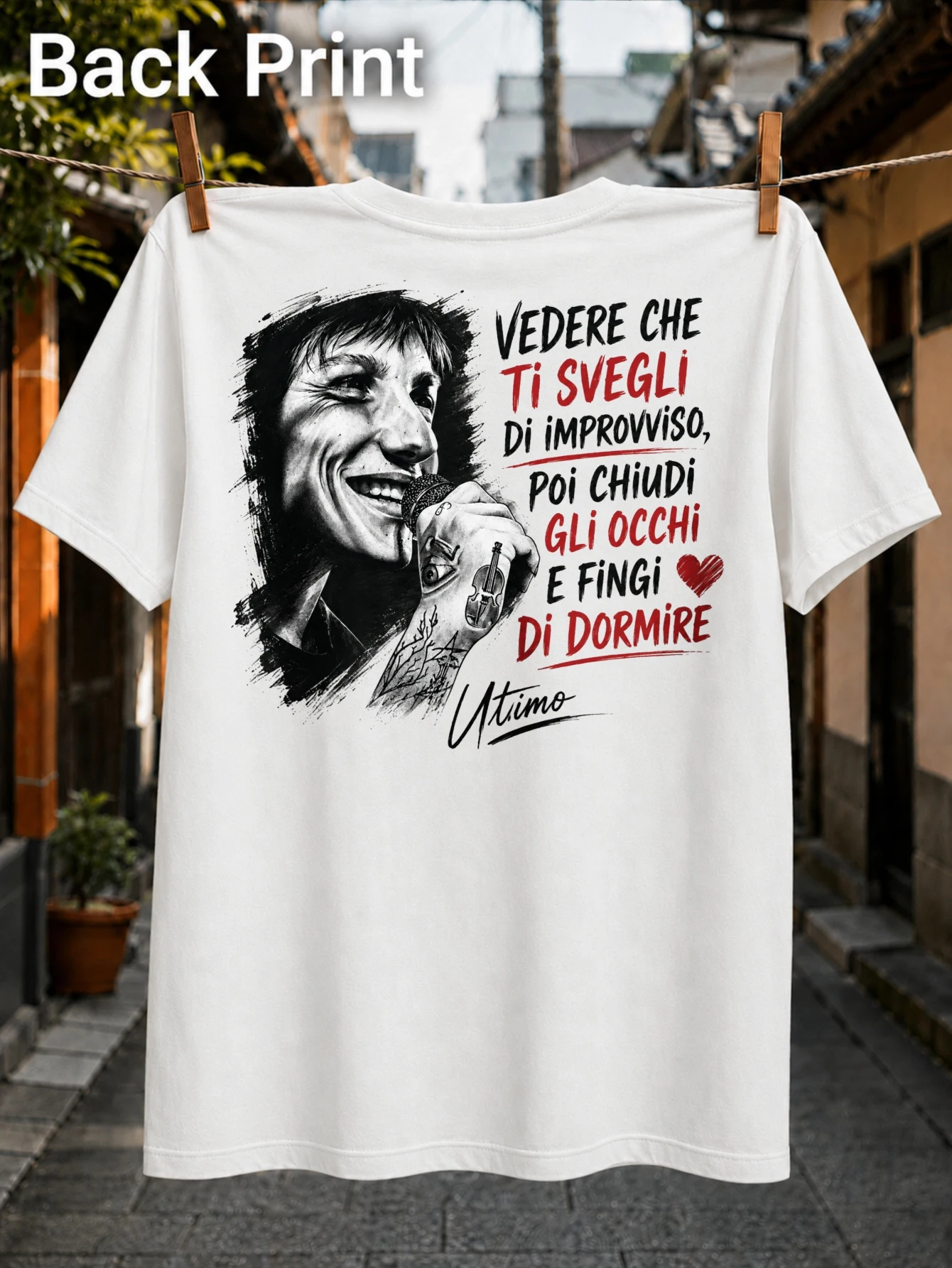 Ultimo Singer Lyric with grayscale microphone portrait tattooed hand red Italian lyric text and  Unisex All T-Shirt
