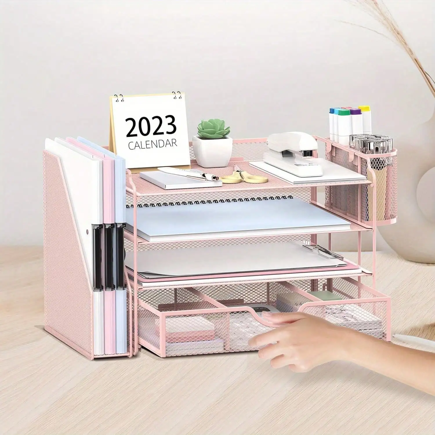 4-Tier Metal Mesh Paper Organizer with File Shelf 1 Drawer 2 Pen Holders for Office Desk