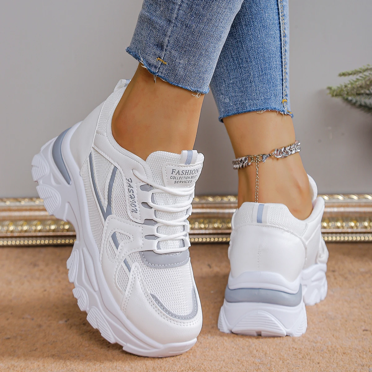 منصة أحذية رياضية للنساء بيضاء كاجوال شبكية قابلة للتنفس أحذية رياضية الارتفاع زيادة الدانتيل يصل ربيع الخريف التنس Feminino #5