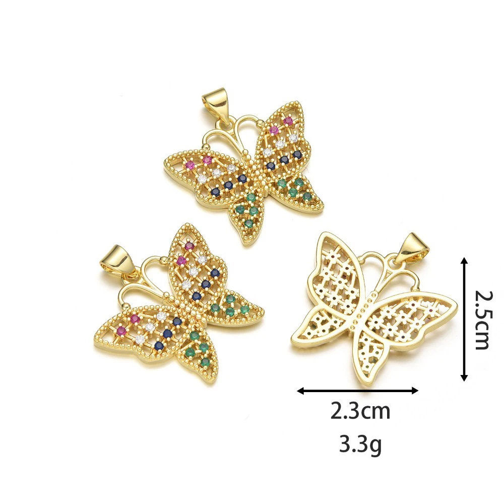 2 Pcs Pave Inlay Color Zircon Butterfly Pendant DIY Bracelet Necklace Making Accessories Copper Plated Hollow Jewelry Connector