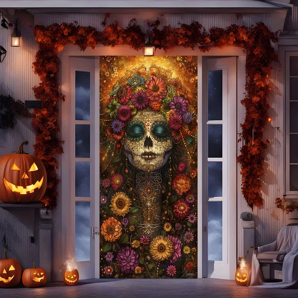 Tenda per porta con teschio floreale vintage - Design con calendula e scheletro, perfetta per l\'arredamento di Halloween e Día de Los Muertos