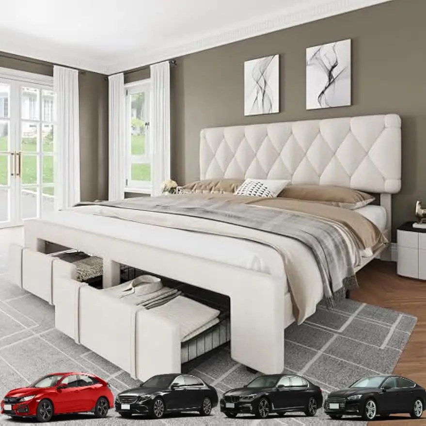 

Каркас кровати King Size GarveeHome, каркас кровати на платформе с мягкой обивкой и ящиками для хранения вещей, основание матраса с массивными деревянными рейками