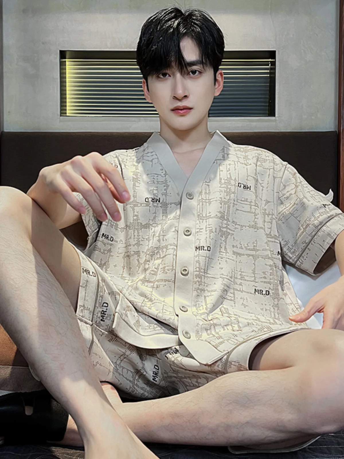 

Men's Summer Spwear Set Loose Casual ort Sve Open Cardigan Home Clothes V-ne Button Front Thin Cotton Polyester