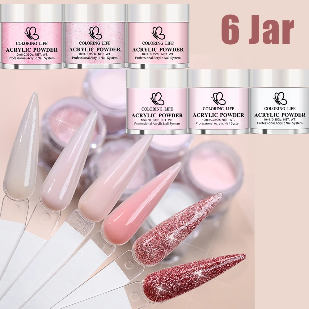 

6 баночек, 6 цветов, градиентная розово-белая акриловая пудра с блестками для наращивания/скульптурирования/формирования, 3-в-1, профессиональная акриловая пудра для маникюра