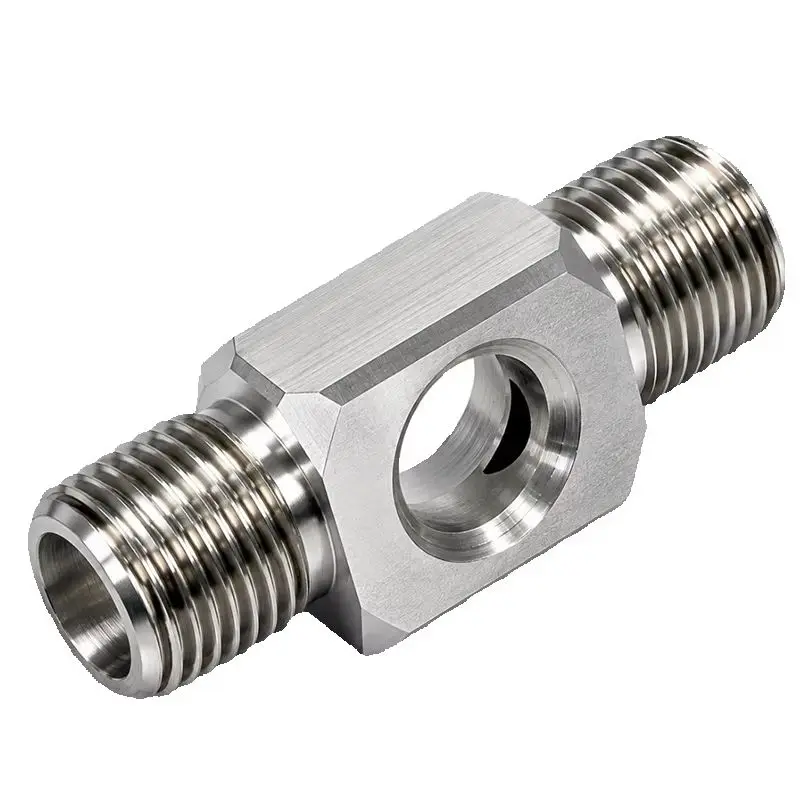 Custom Stainless Steel CNC Machined Double Male Thread Fitting Side Port Pipe Connector