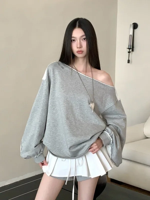Mipai ey غير المتكافئة oulder هوديي المرأة أوائل الخريف فضفاض كسول طويل Sve الربط تنورة علوية مجموعة Hanfu