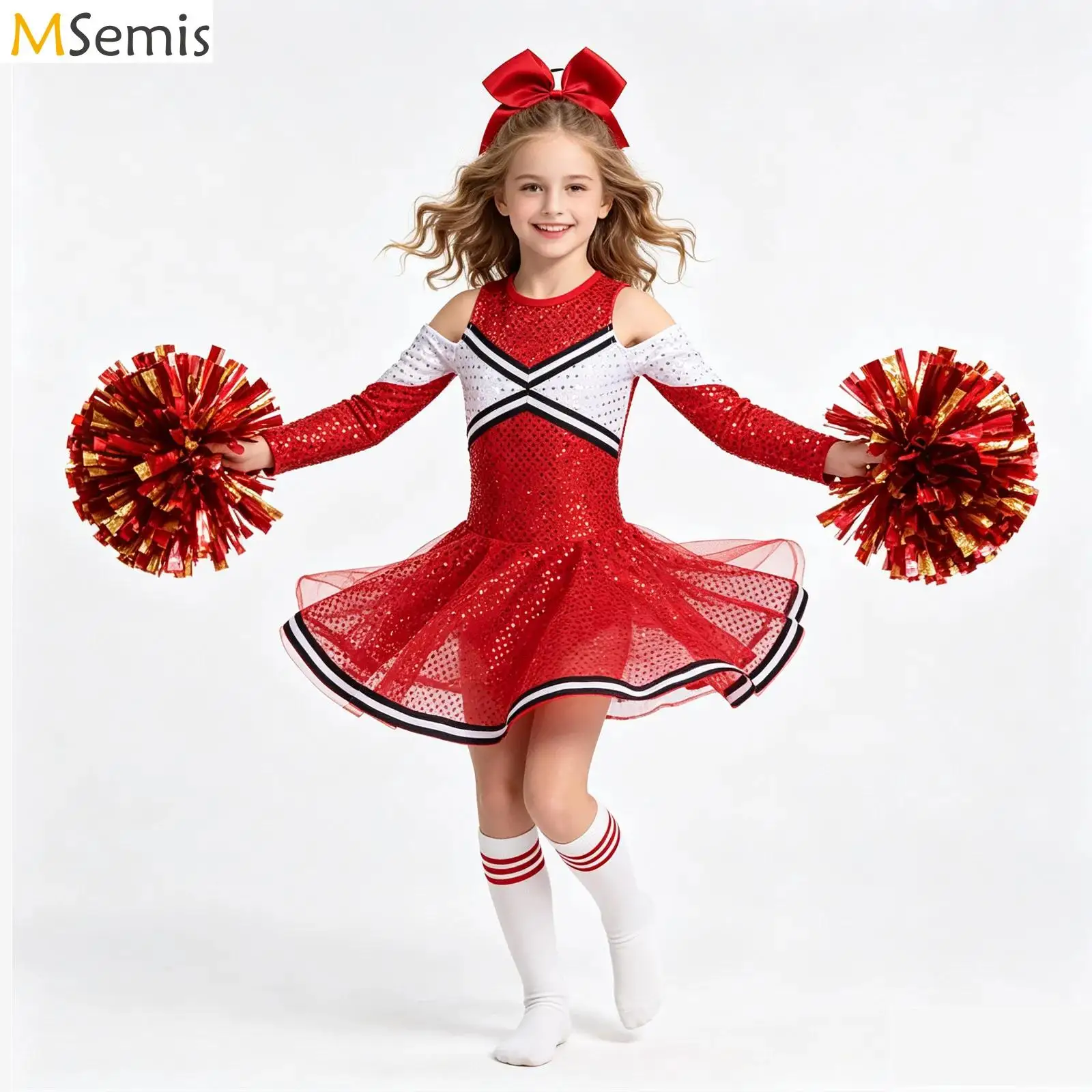 Kids Girls Cheerleader Costume Cheerleading Uniform Cheer Dance Outfits Long Sleeve Off-Shoulder Shiny Sequins Leotards Dress