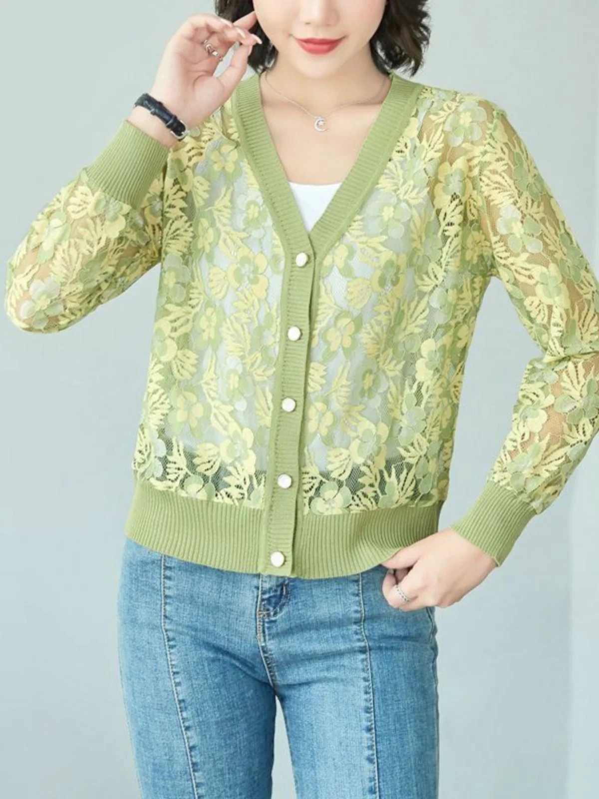 Cardigan de Seda Gelada Tricotado para Mulheres, Novo Top de Verão com Renda, Proteção Solar, Ideal para Ar Condicionado