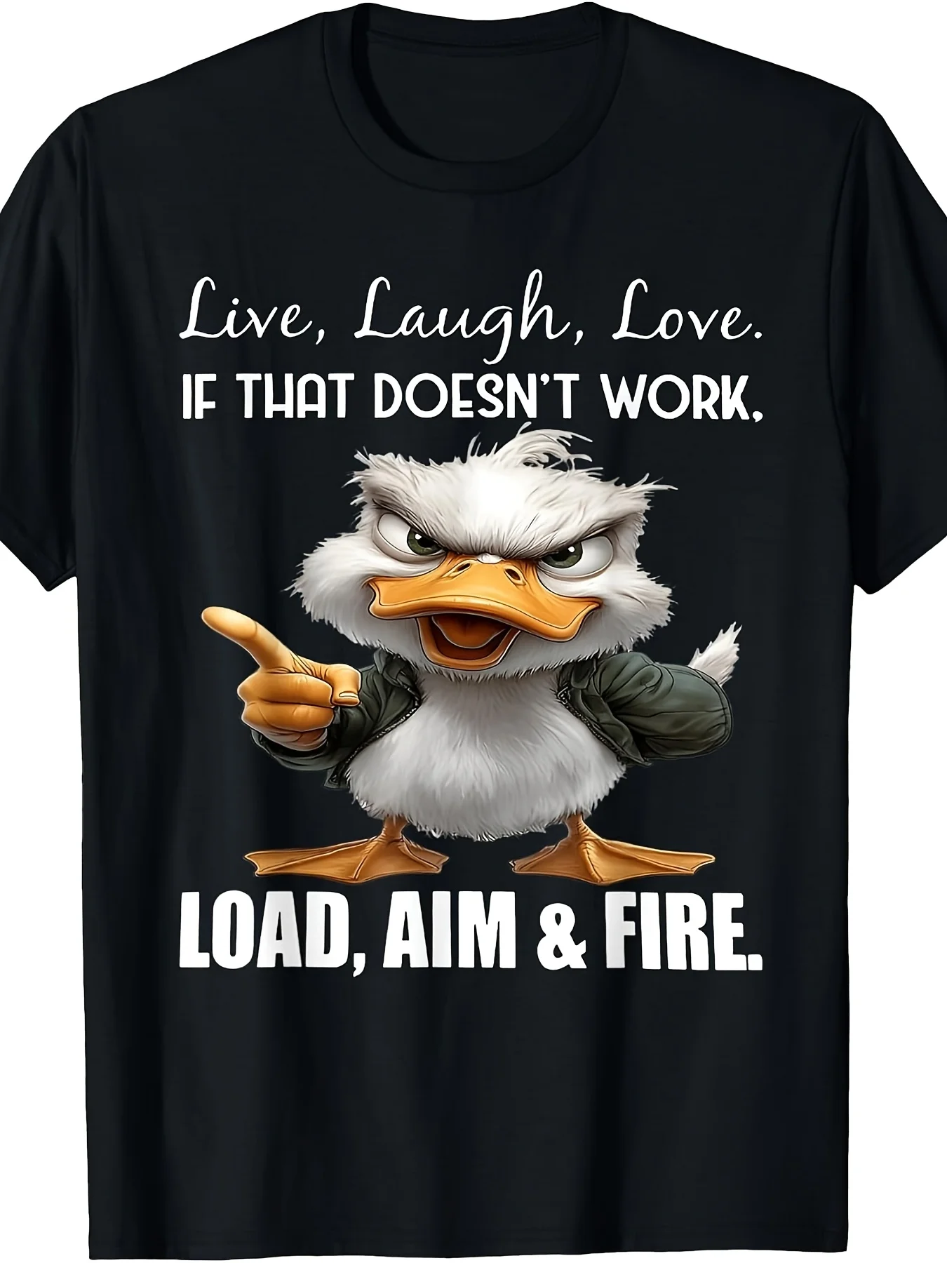 Live Laugh Love If That Doesn't Work Load Aim Fire Duck TShirtRetro Casual Short-sleeved T-shirt with a Round Neck and Printed Pattern Suitable for Daily Commuting and Outdoor Activities