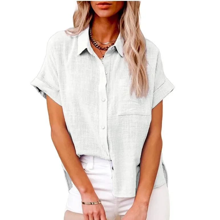 High-quality new women\'s new European and American women\'s solid color linen shirt short-sleeved casual loose shirt female