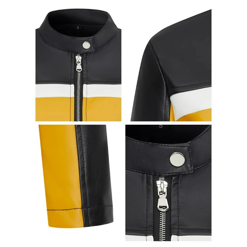 2026 Nuova giacca in pelle sexy europea americana patchwork in pelle PU con blocco sottile corto cappotto in pelle da motociclista alla moda per le donne