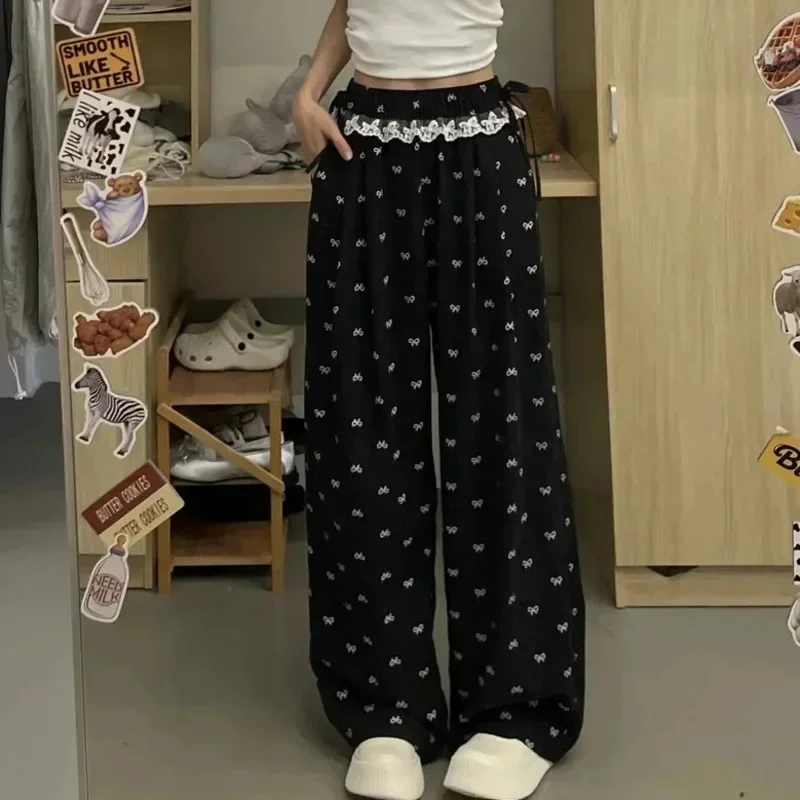 Spliced Lace Streetwear Wide Leg Pants Bow Printed Drawstring Harajuku Baggy Trousers High Waist Korean Style Pants For Women