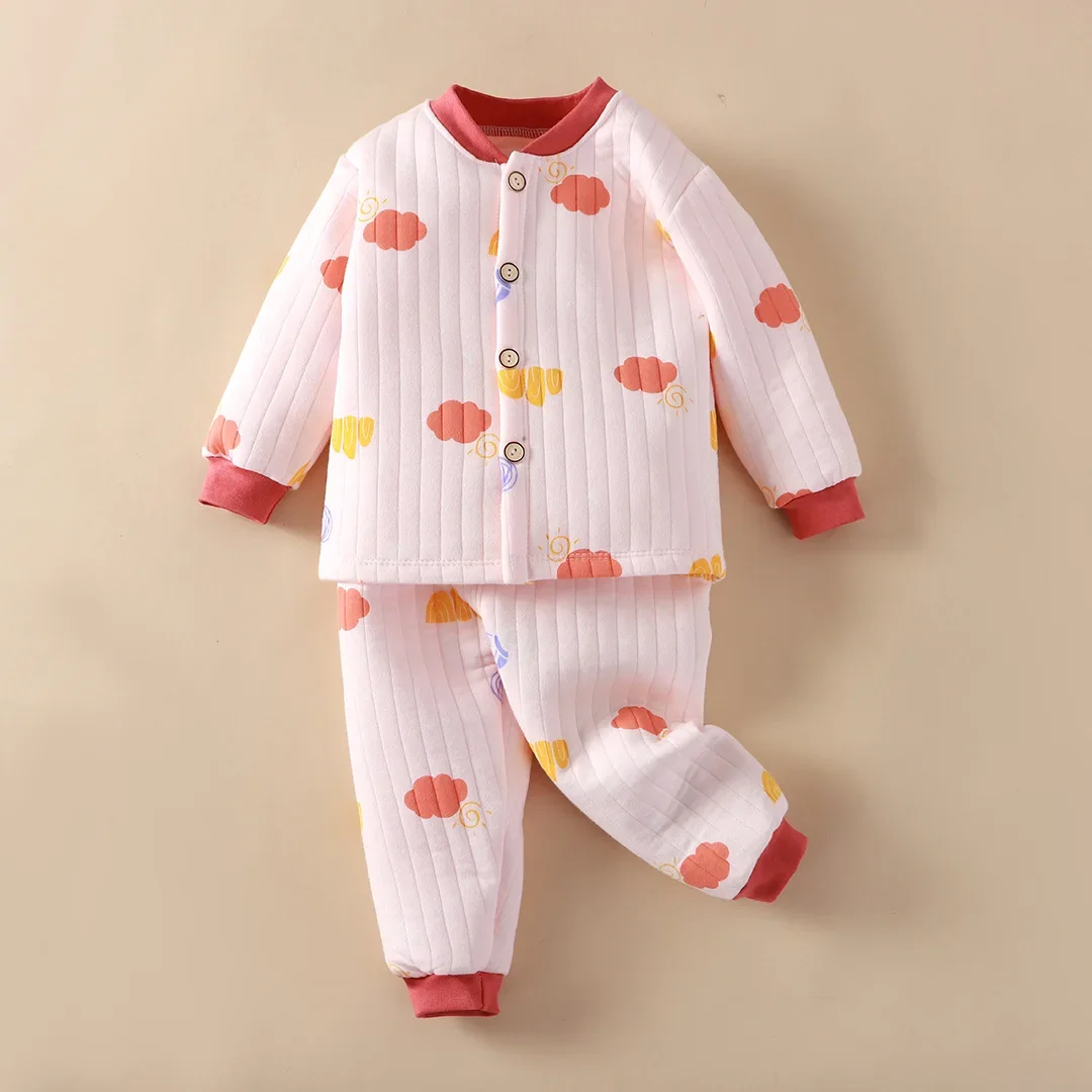 New 2024 Boys Girls Autumn Winter Thicken Warm Cotton Pajamas Kids Cute Cartoon Long Sleeve Pyjamas Toddler Baby Clothing Sets