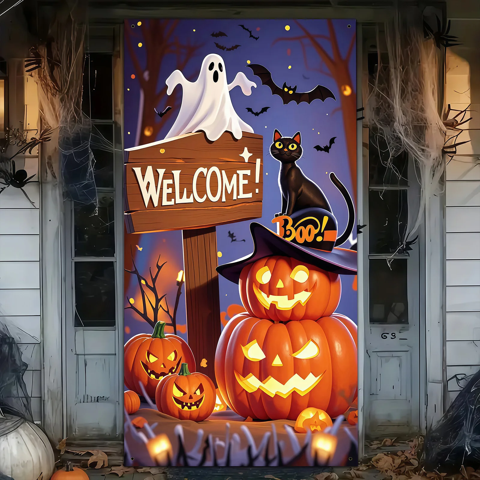 โลโก้ปาร์ตี้ฮาโลวีน 1 ชิ้นพร้อมดีไซน์ที่มีลักษณะเป็นฟักทอง แมวดำ และผี ของตกแต่งฮาโลวีน