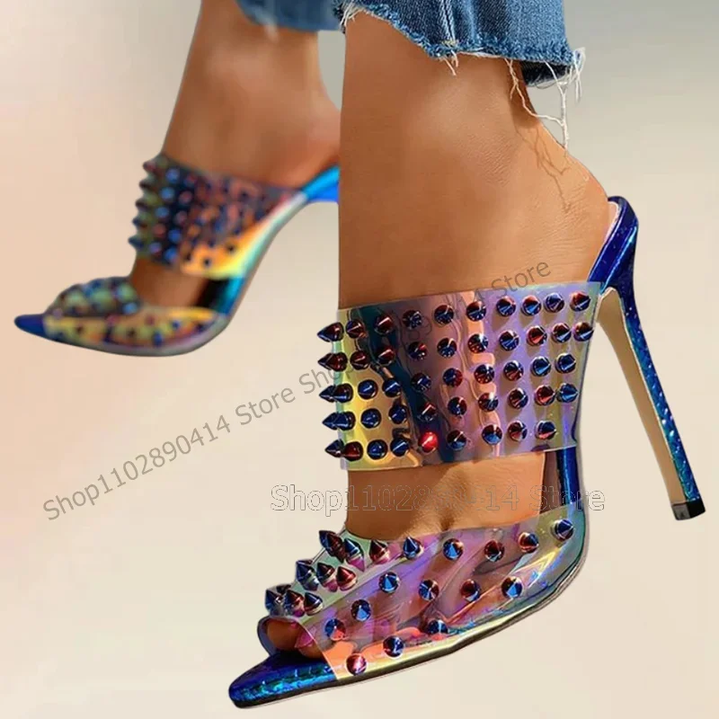 

Blue Rivets Decor PVC Peep Toe Hollow Design Slippers Slip On Women Shoes Thin High Heels Fashion Party 2025 Zapatos Para Mujere