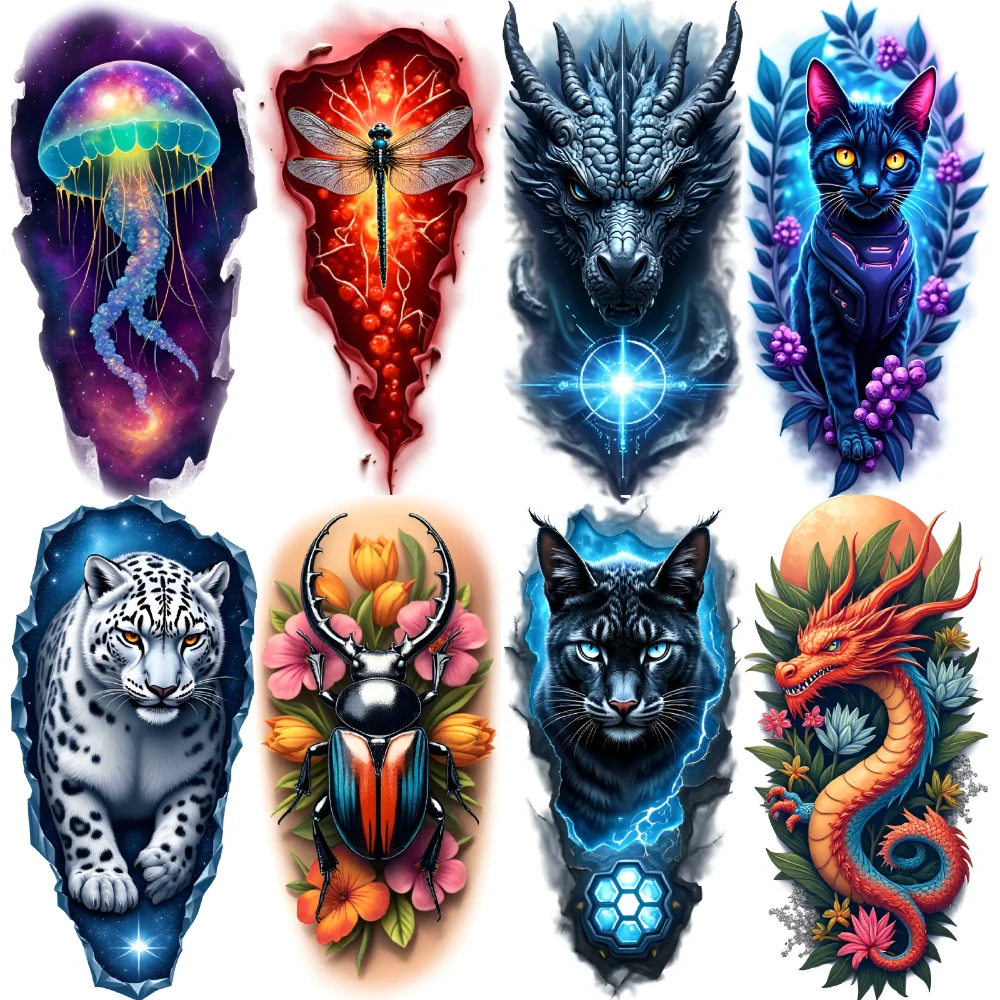 

3pcs Temporary Tattoo Dragon Waterproof Long-lasting Body Stickers Beetle Panther Colorful Realism Wolf For Thighs Arms
