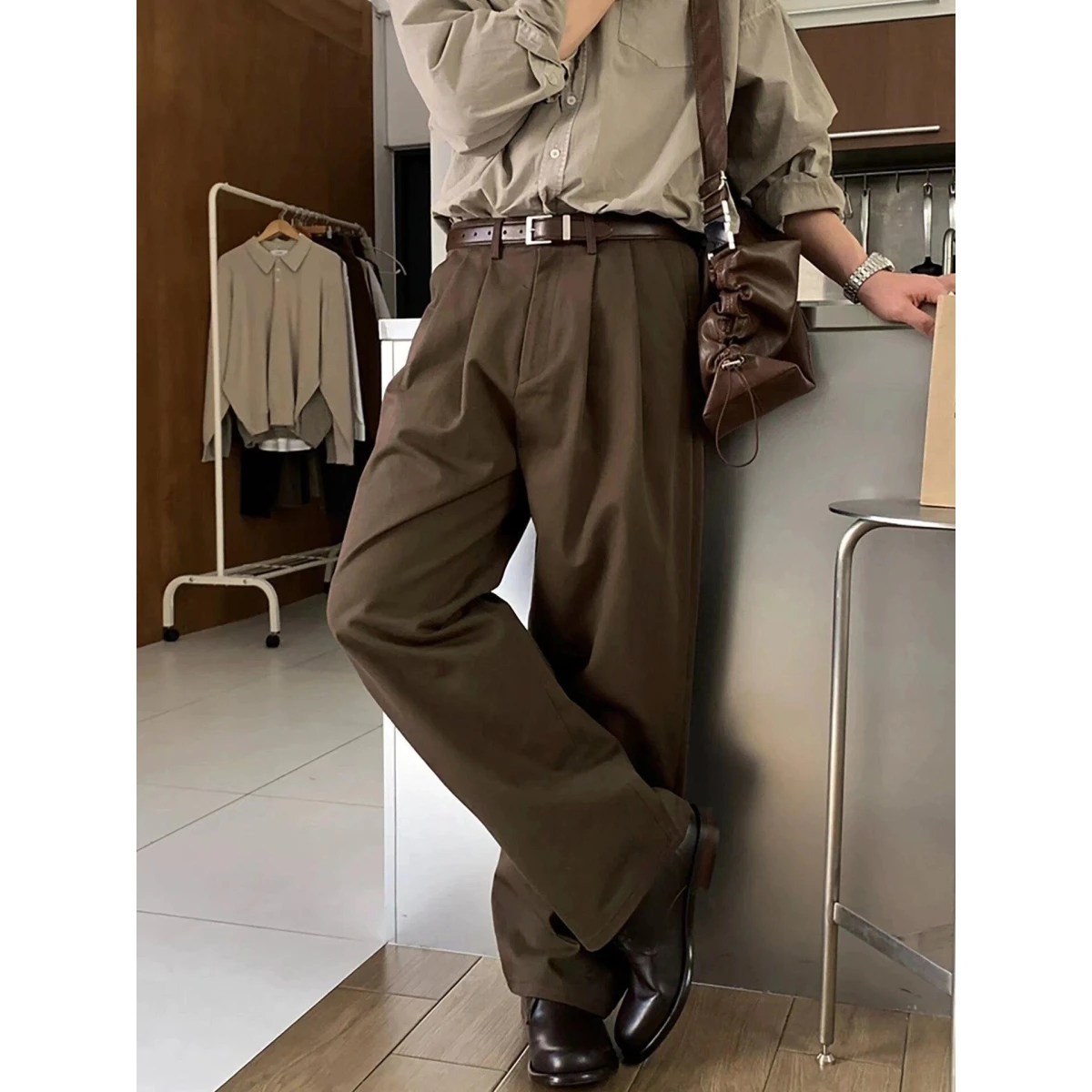 Early Autumn New Style Japanese Retro Brown Mermaid Utility Pants Loose Wide Leg Casual Trousers for Men And Women College Style