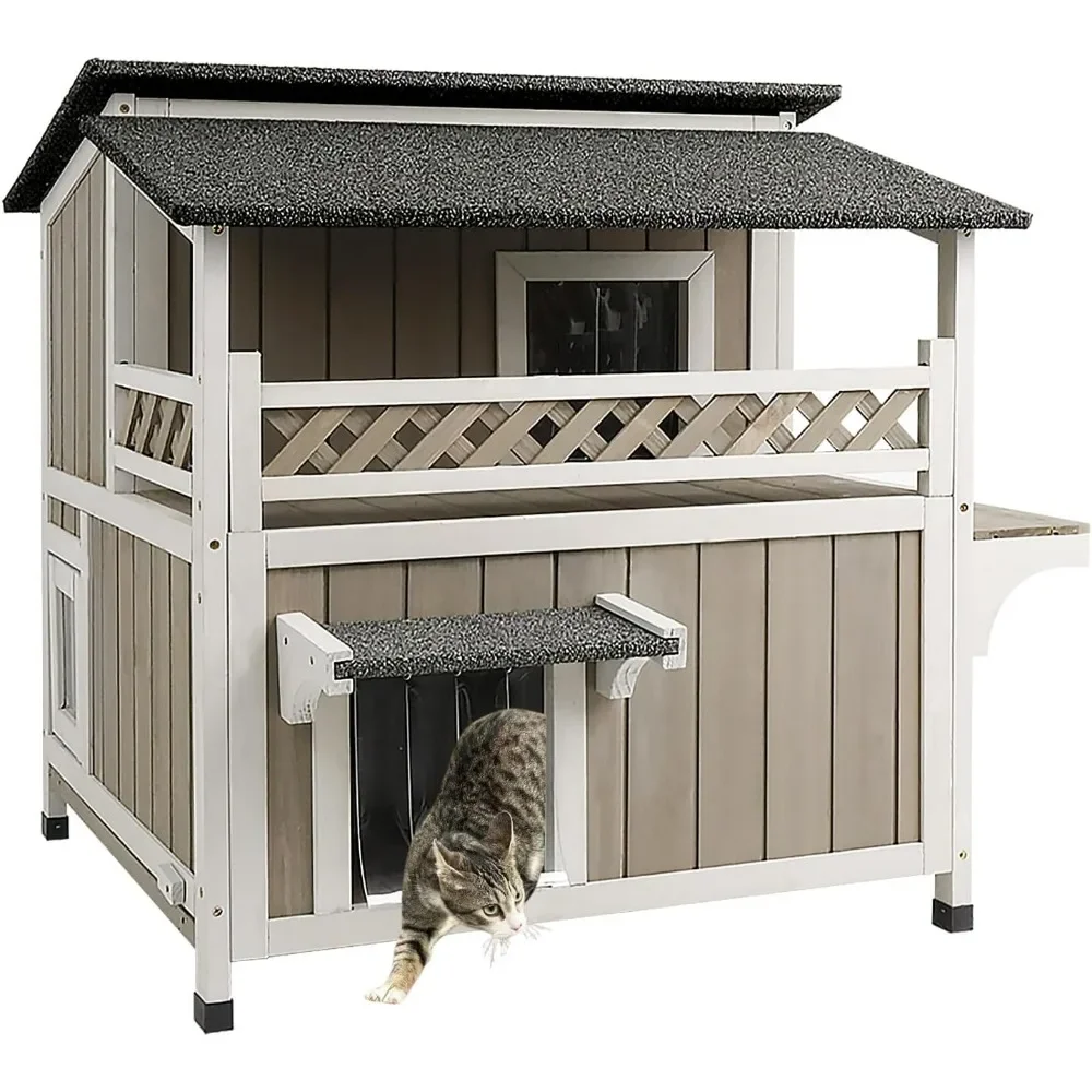 Outside Feral Cat Shelter Two Story Wooden Houses for 1-2 Cats with Balcony Pull Out Floor 3 Escape Doors, Outdoor Cat House