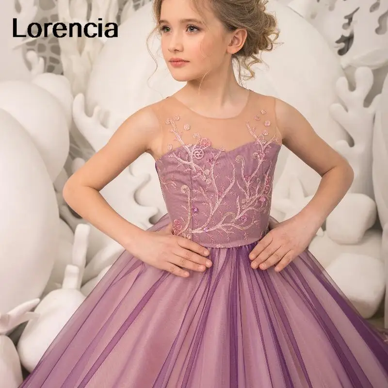 Lorencia Purple Puffy Flower Girl Dress For wedding Tulle Lace Applique Beading Kids Pageant Gown abito da prima comunione YFD70