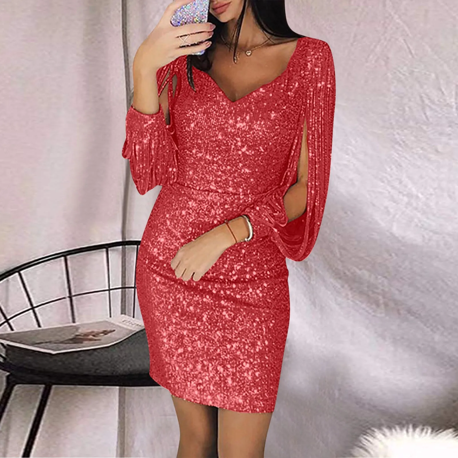 

Women Sequin Dress Glitter Sparkle Sexy Deep V Neck Short Dresses Above Knee Length Long Tassel Sleeve Sundresses