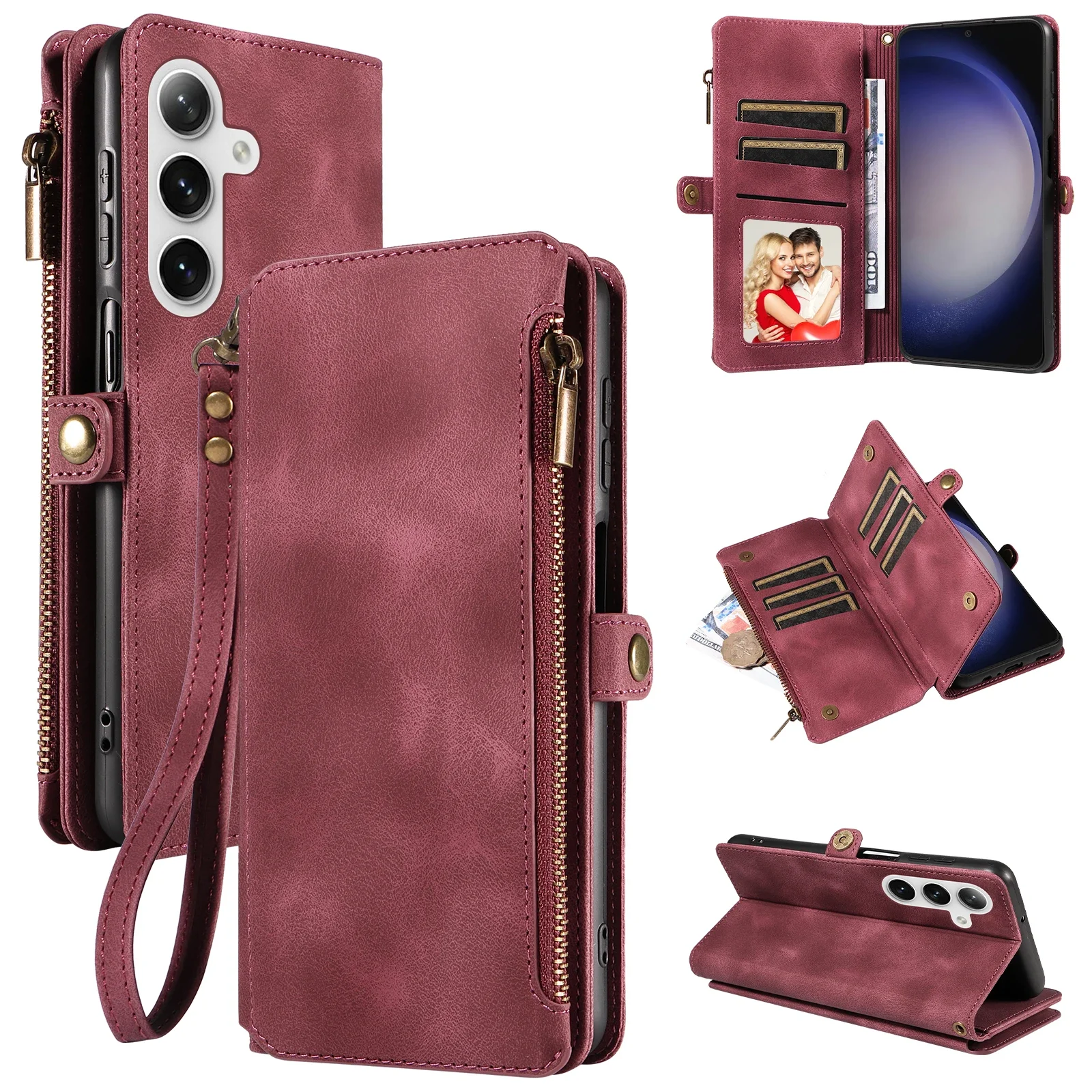 Flip Rits Portemonnee Kaarten Solt Leather Case voor Samsung Galaxy S25 Ultra S24 Plus S23 S22 A55 A15 A35 A34 A54 Telefoon tassen Cover