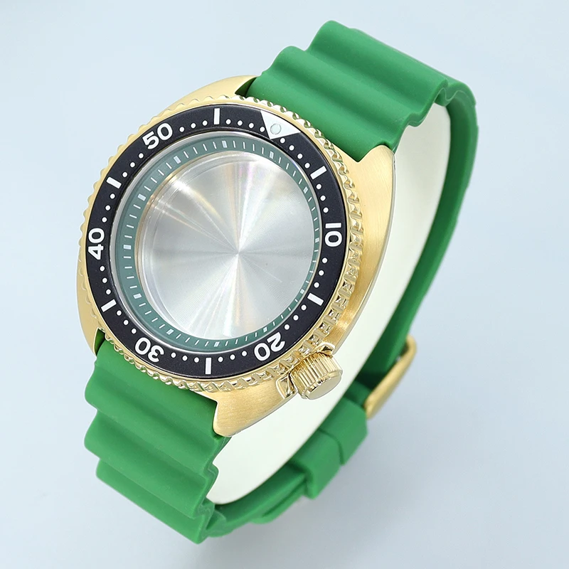 Gold 45mm Big abalone Watche Case Green Rubber Strap Sapphire Fit Tuna Seiko NH35 NH36/38 Movement blue chapter Ring 28.5mm Dial