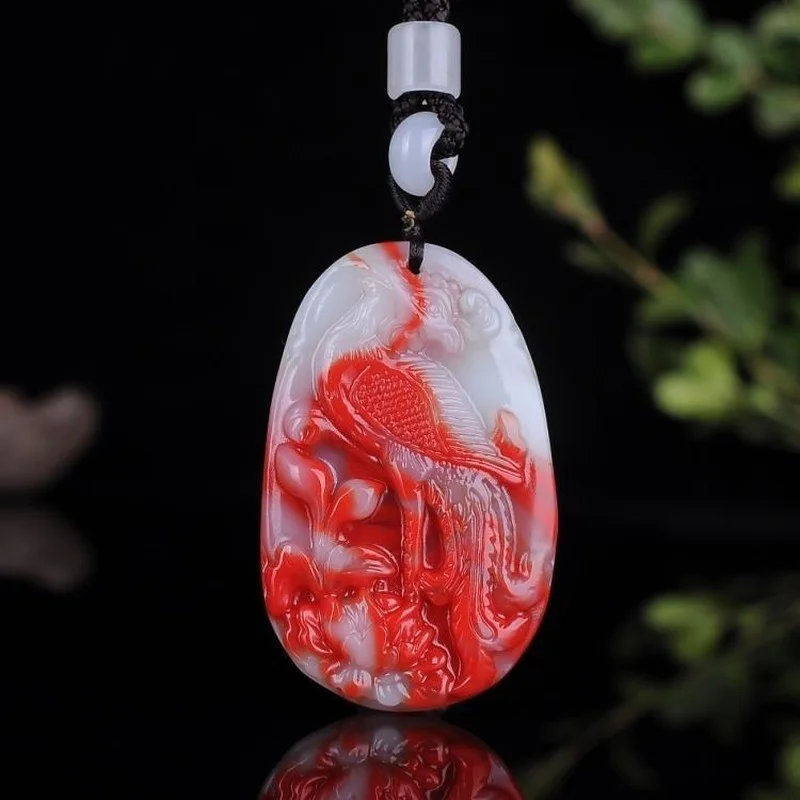 Natural Xinjiang Hotan Jade Chicken Blood Jade Phoenix Pendant Female Phoenix Peony Pendant Sweater Chain