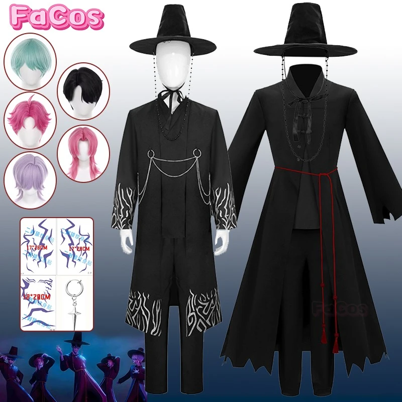 Saja Boys Косплей Костюм Парик KPop Охотники Демонов Jinu Saja Robe Baby Abby Mystery Romance Черная Униформа Шляпа Хэллоуин Женщины Мужчины